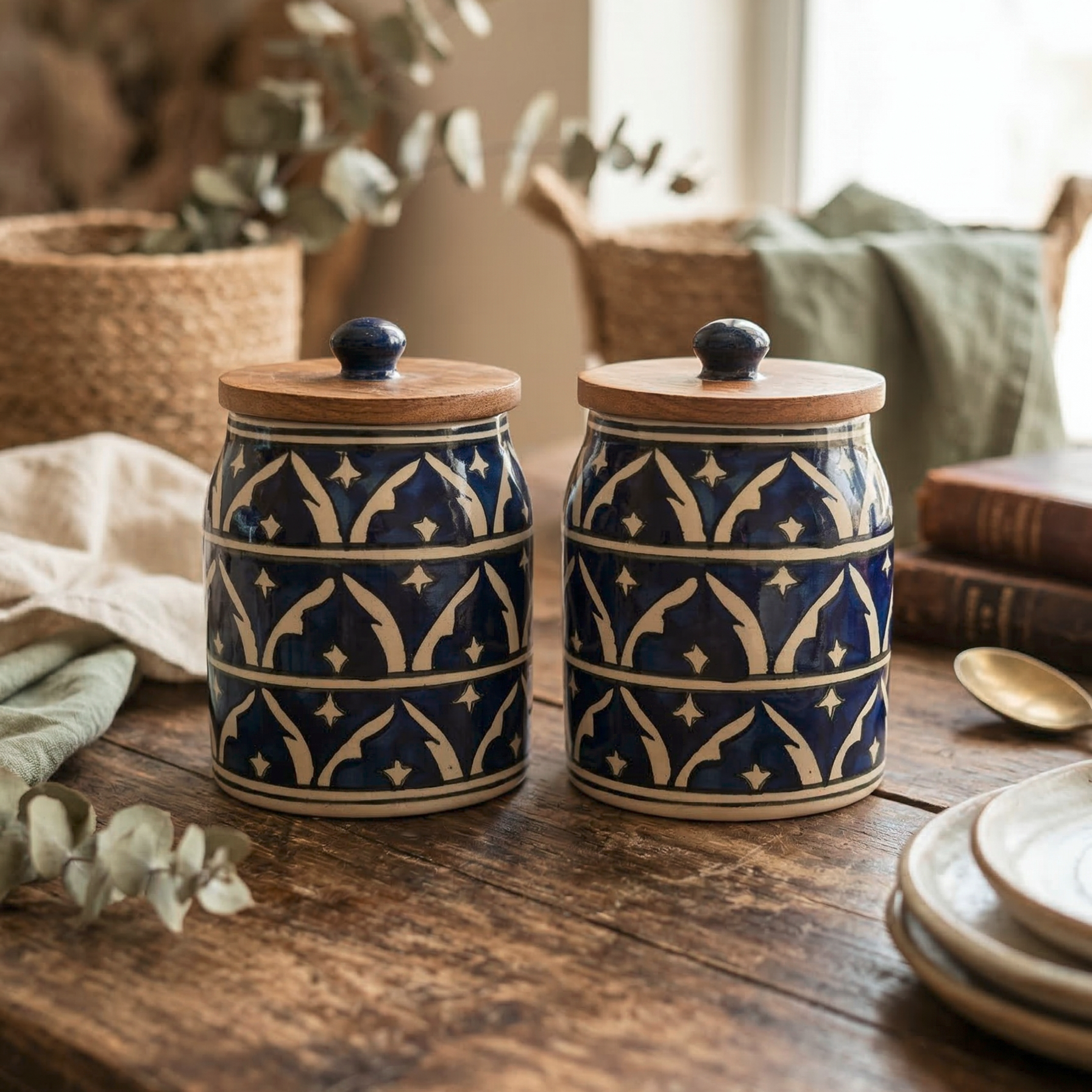 Blue Ceramic Storage Jar Set with Wooden Lids | Set of 2 – Artstri