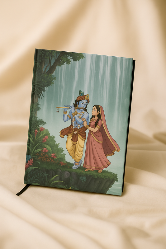 Krishna Radha Waterfall Scene Notebook – A5 Hardcover/Softcover, 90 GSM Acid-Free Paper