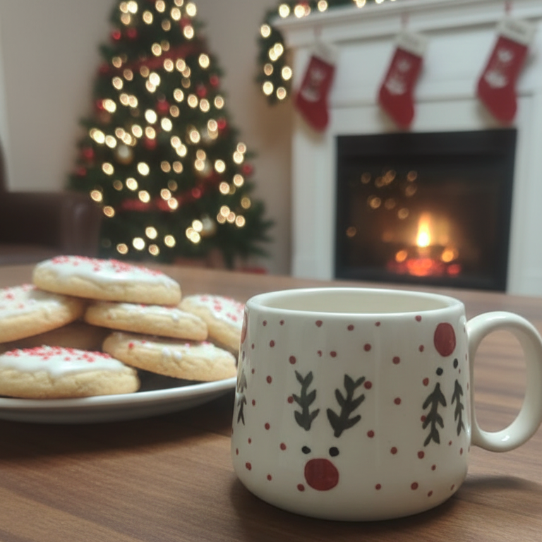 Hand-Painted Reindeer & Polka Dot Ceramic Mug