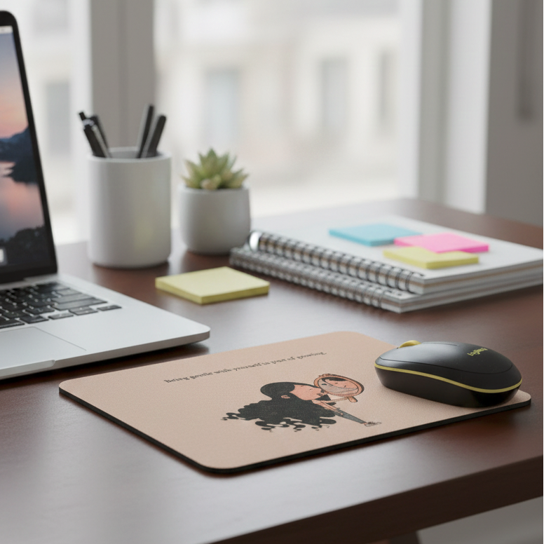Grow Gently – Minimal Self-Compassion Mouse Pad with Mirror Illustration